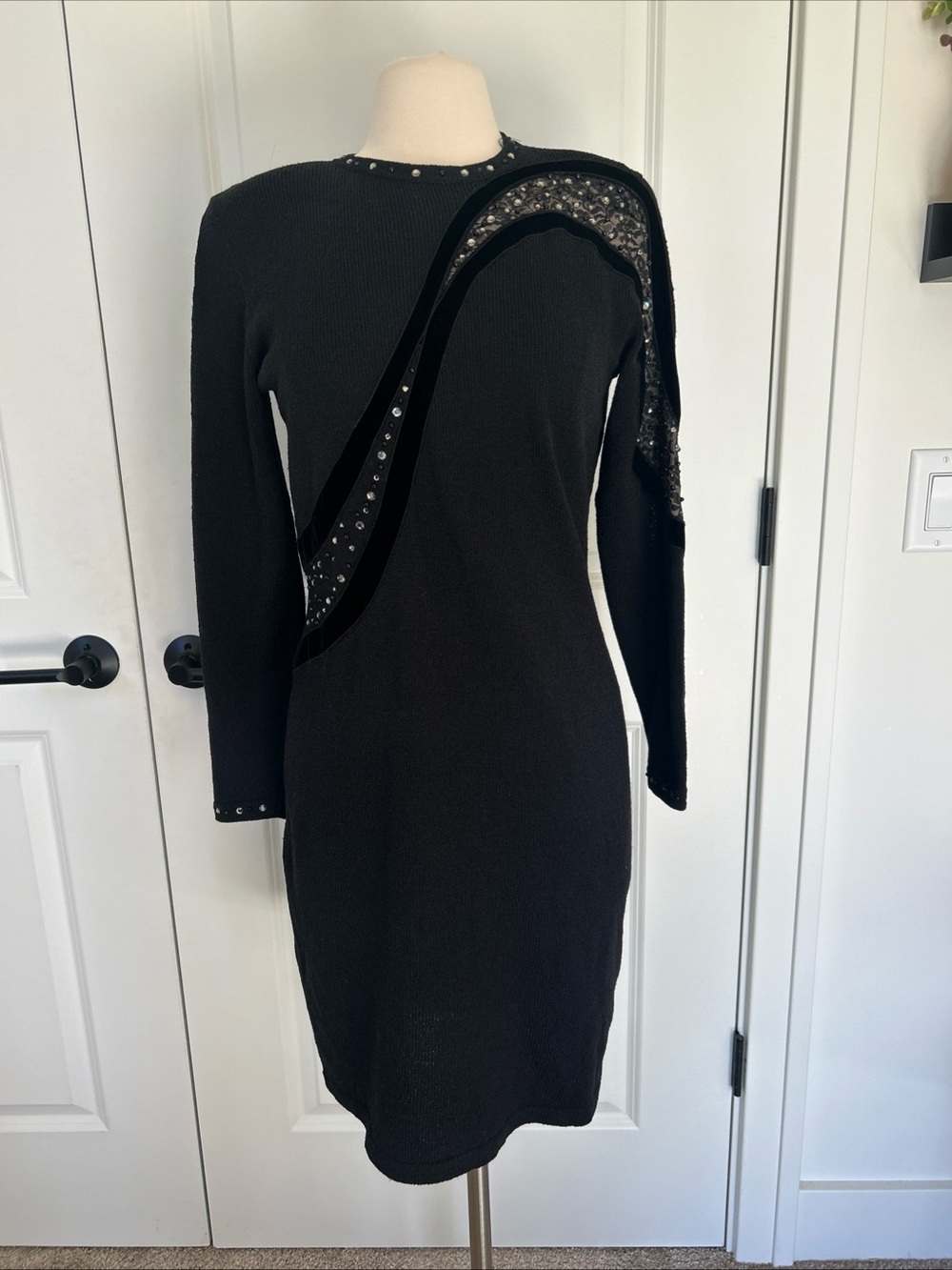 Vintage 80s LILLIE RUBIN sz S  Santana Knit Midi Dress Velvet Lace Rhinestones